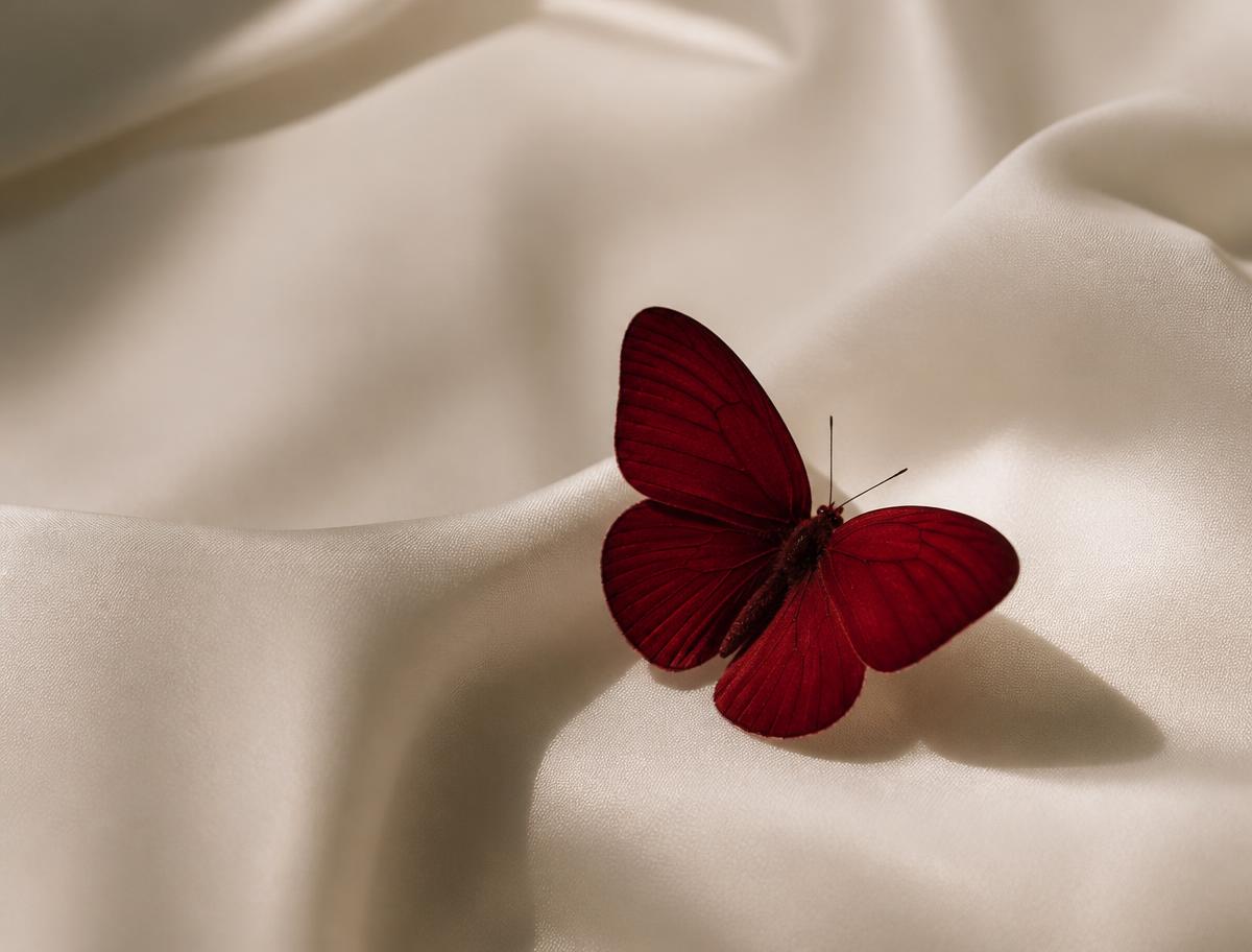 Borboleta vermelha pousada sobre seda off white